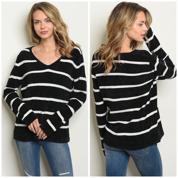 Sweaters - Black & White Striped Chenille Sweater